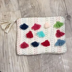 NWOT- Tassel/Pom fabric zip-pouch bag